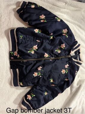 GAP Navy Bomber Jacket with Pink Floral Embroidery